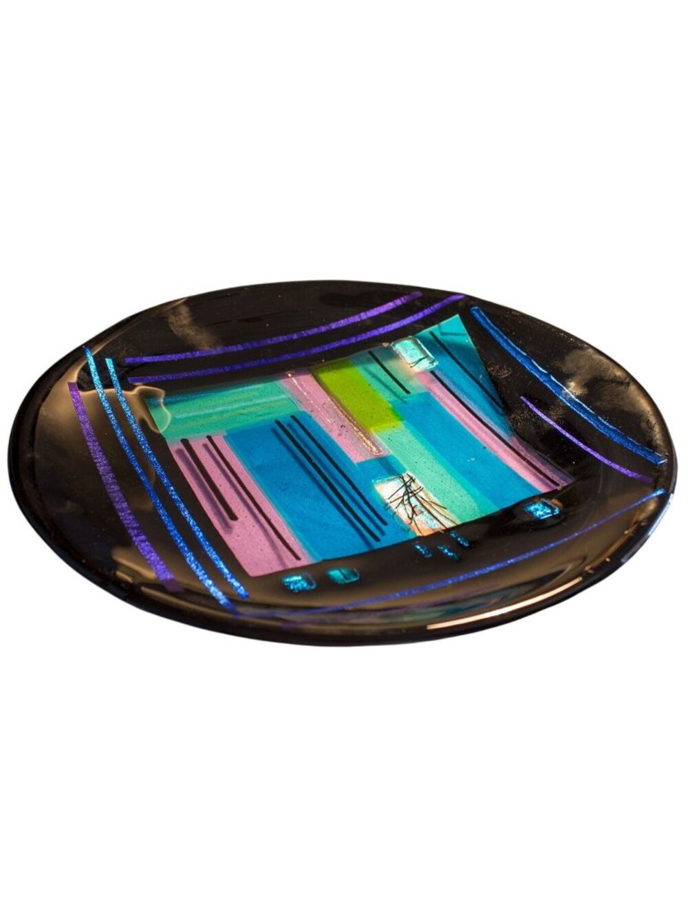 Dichroic Iridescent Art Glass Plate Geometric Design Signed C McCammon 11.75"